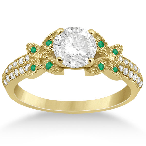 Diamond & Green Emerald Butterfly Engagement Ring 18K Yellow Gold