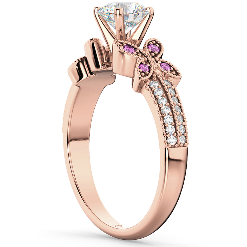 Diamond & Pink Sapphire Butterfly Engagement Ring 14K Rose Gold