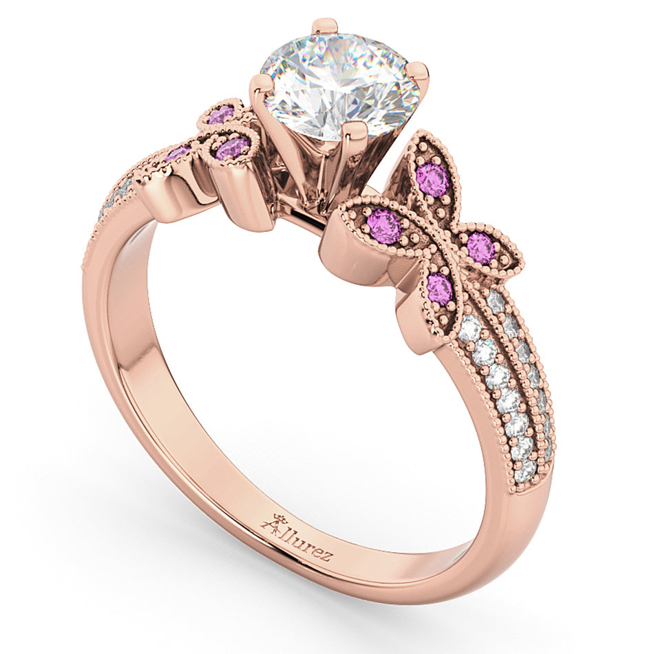 Diamond & Pink Sapphire Butterfly Engagement Ring 14K Rose Gold