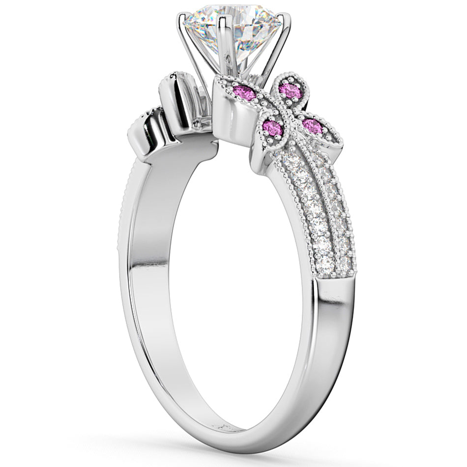 Diamond & Pink Sapphire Butterfly Engagement Ring 18K White Gold