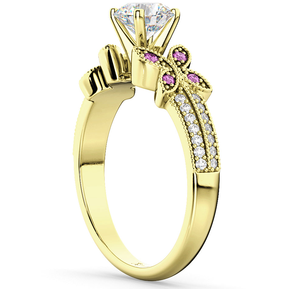 Diamond & Pink Sapphire Butterfly Engagement Ring 18K Yellow Gold