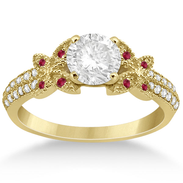 Diamond & Ruby Butterfly Engagement Ring Setting 18K Yellow Gold