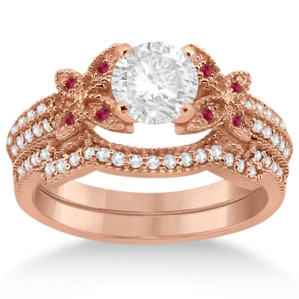 Butterfly Diamond & Ruby Bridal Set 14K Rose Gold (0.39ct)
