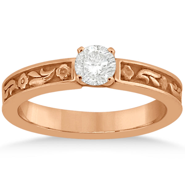 Carved Eternity Flower Design Solitaire Bridal Set in 14k Rose Gold