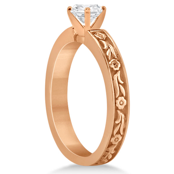 Carved Eternity Flower Design Solitaire Bridal Set in 14k Rose Gold