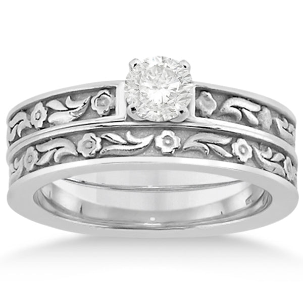 Carved Eternity Flower Design Solitaire Bridal Set in 14k White Gold