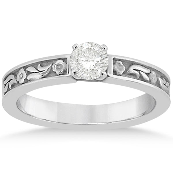 Carved Eternity Flower Design Solitaire Bridal Set in 14k White Gold