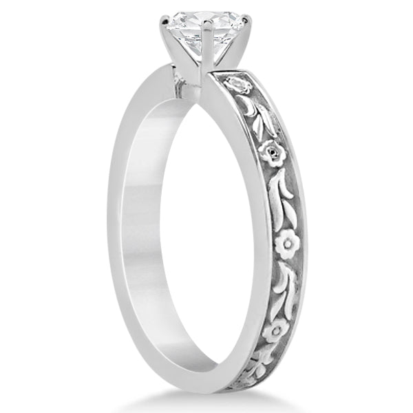 Carved Eternity Flower Design Solitaire Bridal Set in 14k White Gold