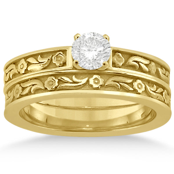Carved Eternity Flower Design Solitaire Bridal Set in 14k Yellow Gold