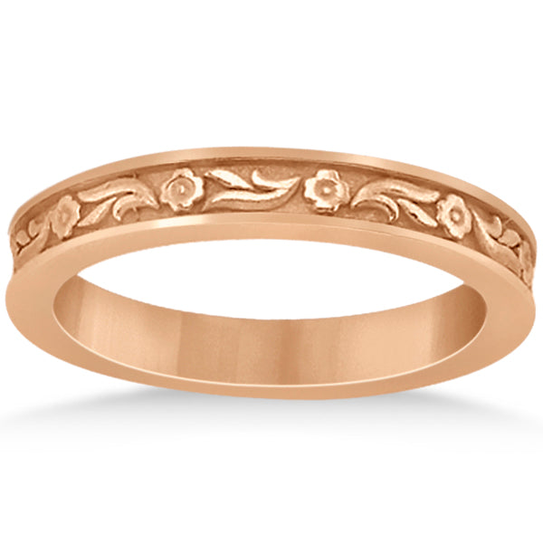 Hand-Carved Eternity Flower Design Wedding Band in 14k Rose Gold