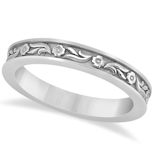 Hand-Carved Eternity Flower Design Wedding Band in 14k White Gold