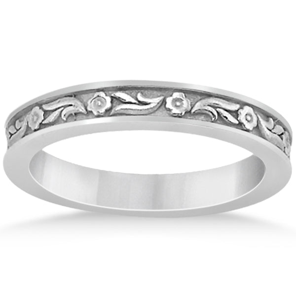 Hand-Carved Eternity Flower Design Wedding Band in 14k White Gold