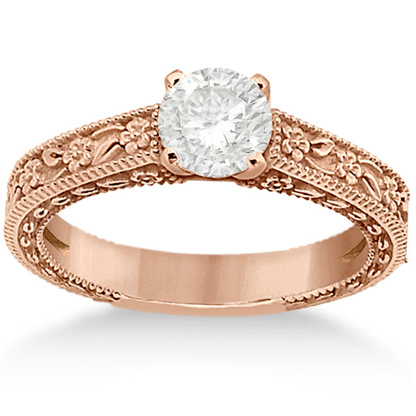 Carved Flower Solitaire Engagement Ring Setting in 14K Rose Gold