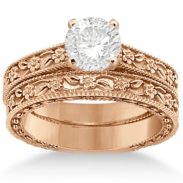 Carved Floral Wedding Set Engagement Ring & Band 14K Rose Gold