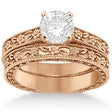 Carved Floral Wedding Set Engagement Ring & Band 14K Rose Gold