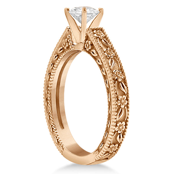 Carved Floral Wedding Set Engagement Ring & Band 14K Rose Gold