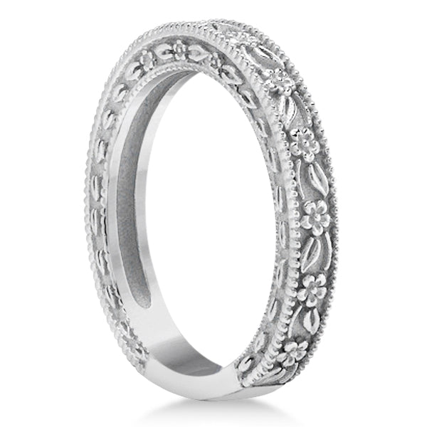 Carved Floral Designed Wedding Band Anniversary Ring in 18K White Gold