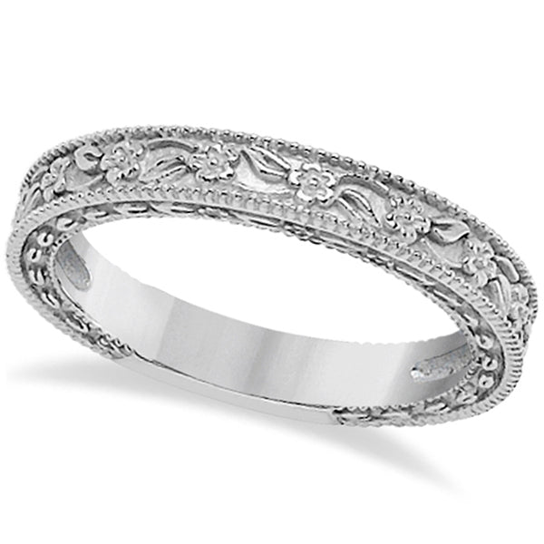 Carved Floral Designed Wedding Band Anniversary Ring in Platinum