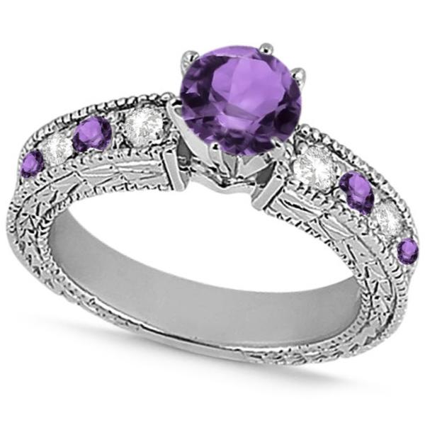 Diamond & Amethyst Vintage Engagement Ring in 14k White Gold (1.75ct)