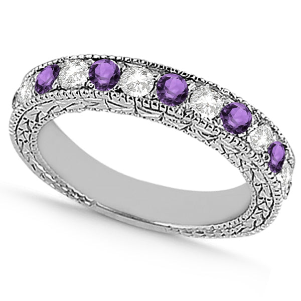 Antique Diamond & Amethyst Wedding Ring 14kt White Gold (1.05ct)