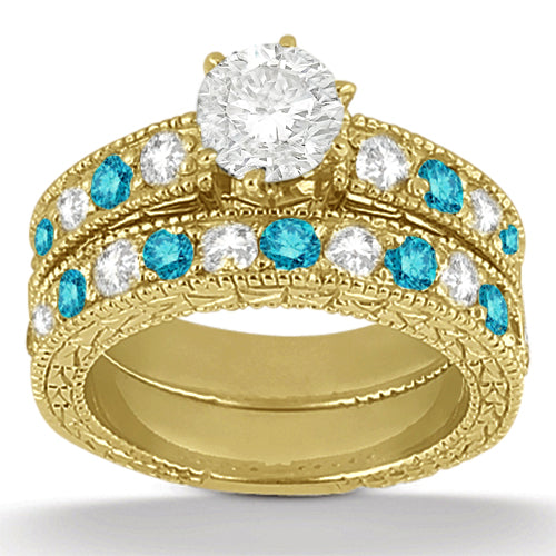 White & Blue Diamond Engagement Ring & Band 14K Yellow Gold (1.61ct)