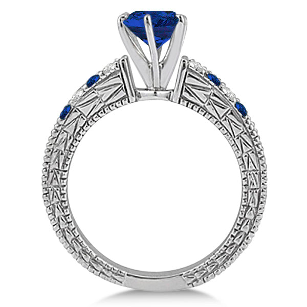 Diamond & Blue Sapphire Vintage Engagement Ring in 14k White Gold (1.75ct)