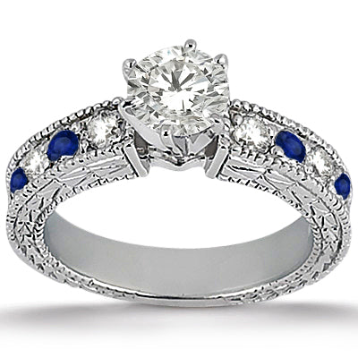 Antique Diamond & Blue Sapphire Bridal Set 14k White Gold (1.80ct)