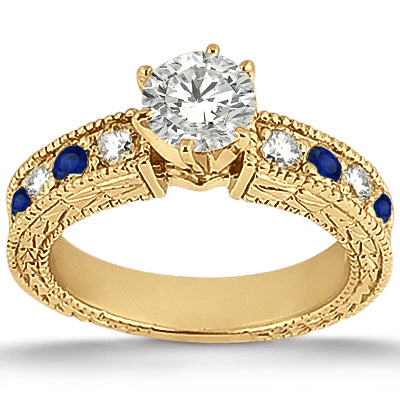 Antique Diamond & Blue Sapphire Bridal Set 14k Yellow Gold (1.80ct)