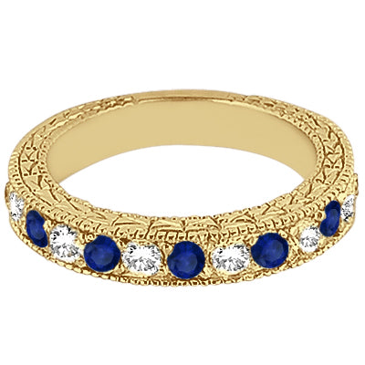 Antique Diamond & Blue Sapphire Wedding Ring 14kt Yellow Gold (1.05ct)