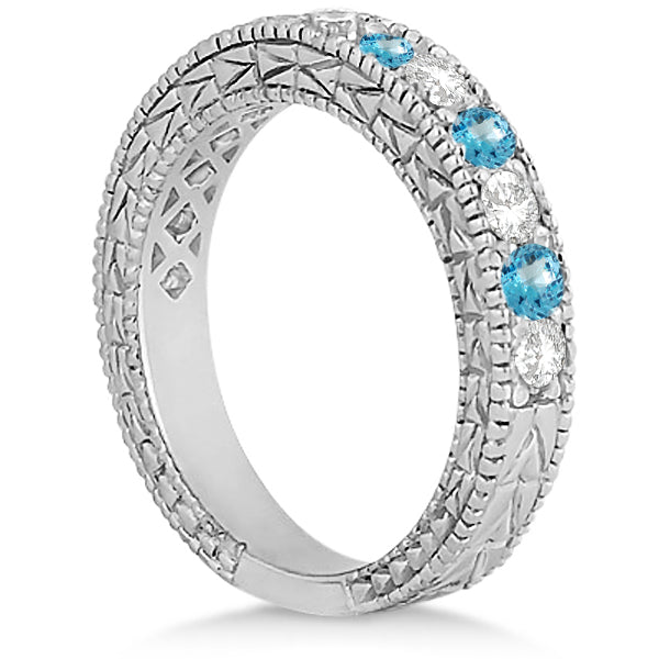Antique Diamond & Blue Topaz Bridal Set 14k White Gold (1.80ct)