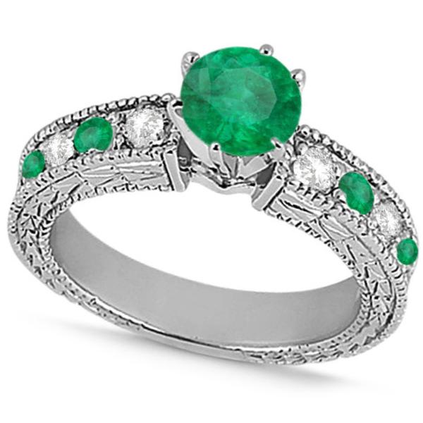 Diamond & Emerald Vintage Engagement Ring in 14k White Gold (1.75ct)
