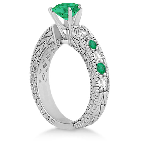 Diamond & Emerald Vintage Engagement Ring in 14k White Gold (1.75ct)