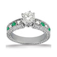 Antique Diamond & Emerald Engagement Ring 14k White Gold (0.72ct)