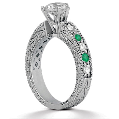 Antique Diamond & Emerald Engagement Ring 14k White Gold (0.72ct)