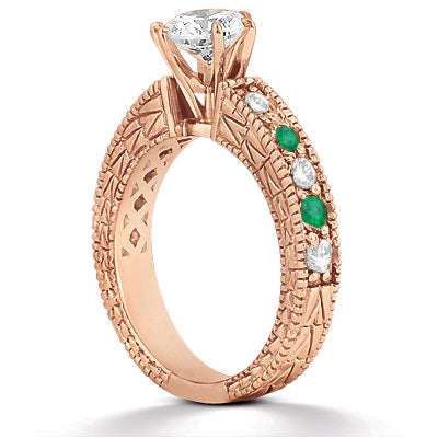 Antique Diamond & Emerald Engagement Ring 18k Rose Gold (0.72ct)