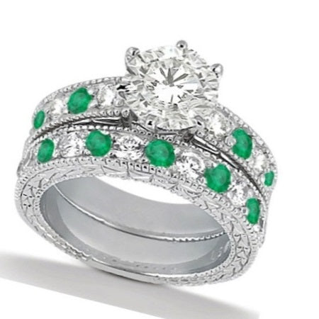 Diamond & Genuine Emerald Vintage Bridal Set 14k White Gold (2.50ct)