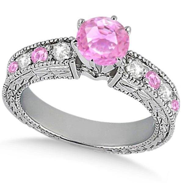 Diamond & Pink Sapphire Vintage Engagement Ring in 18k White Gold (1.75ct)