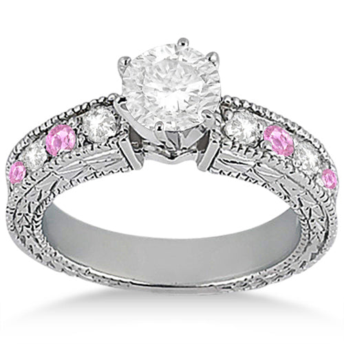 Antique Diamond & Pink Sapphire Engagement Ring 14k White Gold (0.75ct)