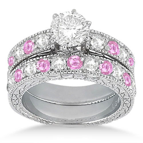 Antique Diamond & Pink Sapphire Bridal Set 14k White Gold (1.80ct)