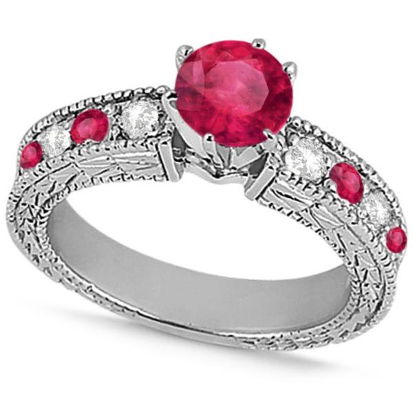Diamond & Ruby Vintage Engagement Ring in 18k White Gold (1.75ct)