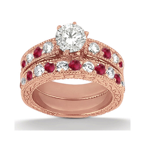Antique Diamond & Ruby Bridal Set 14k Rose Gold (1.80ct)