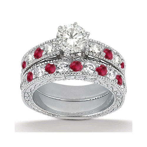 Antique Diamond & Ruby Bridal Set 14k White Gold (1.80ct)
