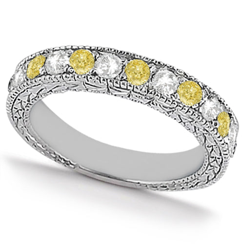 White & Yellow Diamond Wedding Band Antique Style 14K White Gold 0.91ct
