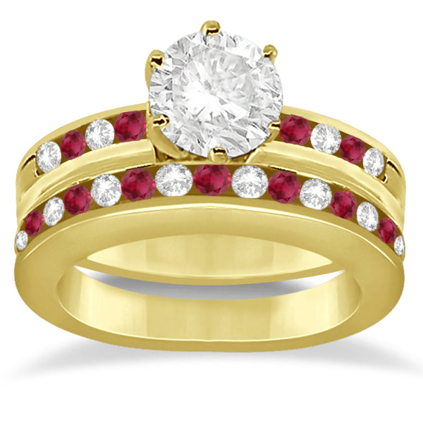 Semi-Eternity Ruby Gemstone & Diamond Bridal Set 18K Yellow Gold 0.96ct