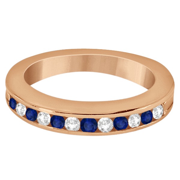 Semi-Eternity Diamonds & Blue Sapphire Wedding Band 14K R. Gold 0.56ct