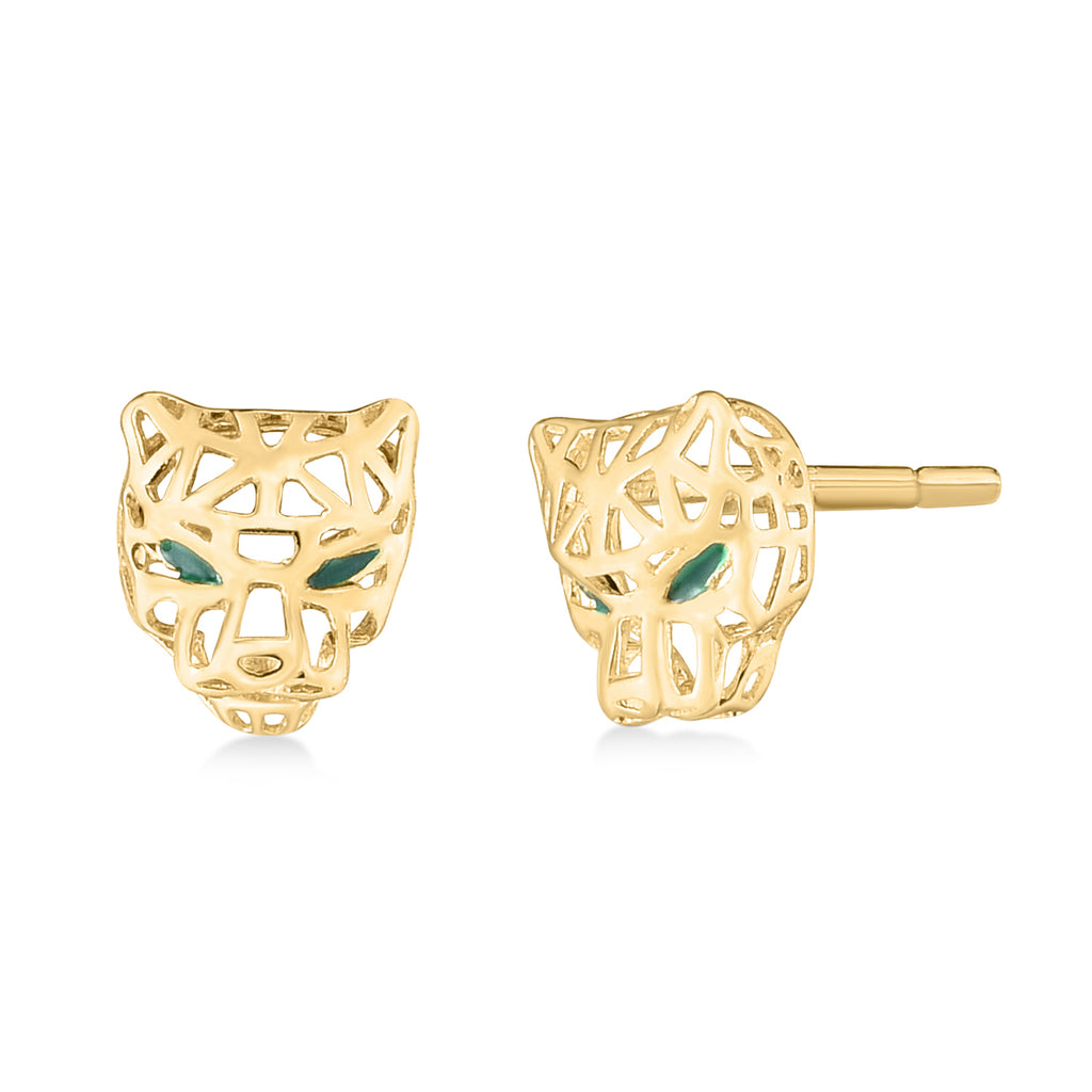 Panther Green Enamel Stud Earrings in 14k Yellow Gold
