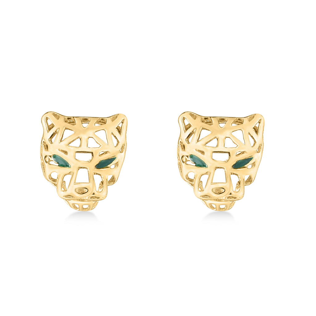 Panther Green Enamel Stud Earrings in 14k Yellow Gold