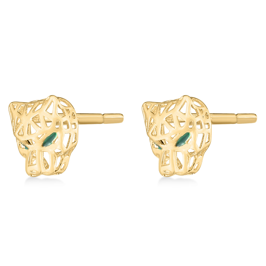 Panther Green Enamel Stud Earrings in 14k Yellow Gold