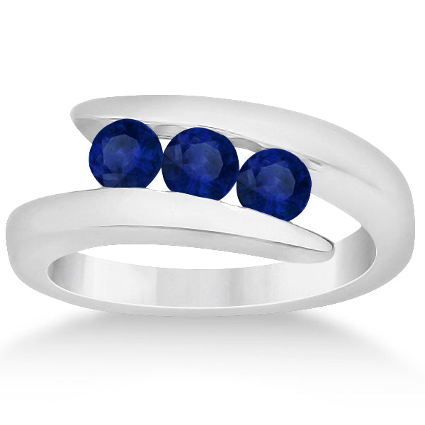 Blue Sapphire 3 Stone Journey Ring Tension Set 14K White Gold 0.90ctw