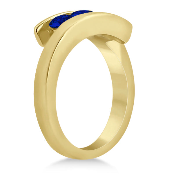 Blue Sapphire 3 Stone Journey Ring Tension Set 14K Yellow Gold 0.90ctw